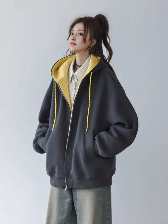 美式早秋宽松外套女款秋2025新款流行百搭拼色连帽开衫卫衣加厚