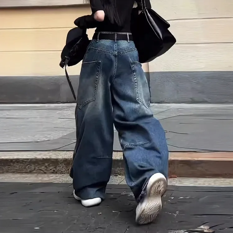 大码美式高街弯刀牛仔裤女春季设计感高腰宽松阔腿香蕉拖地长裤子