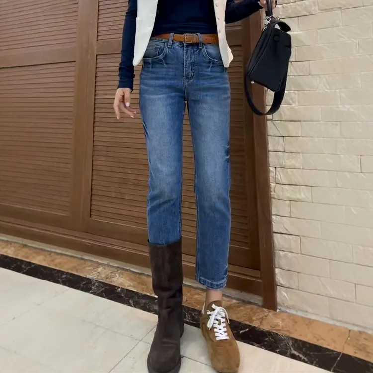 极简风蓝色复古百搭直筒牛仔裤女2025秋季新款高腰九分窄版烟管裤