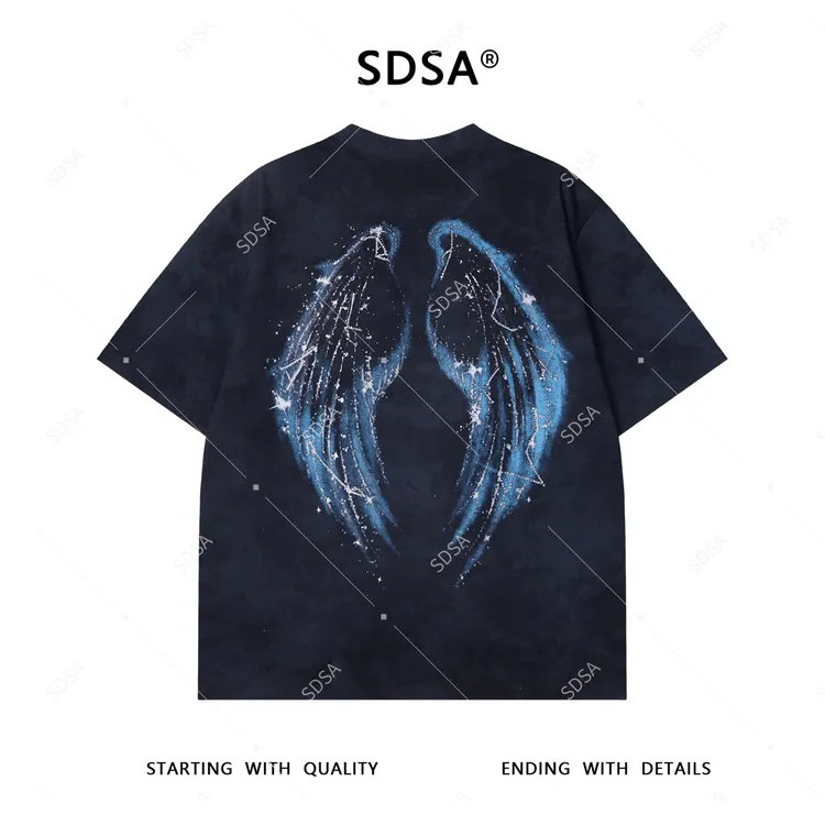 夏季高级感新款男士扎染翅膀字母印花短袖T恤百搭简约圆领上衣