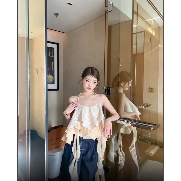 夏季新款休闲百搭时髦气质设计感不规则吊带背心高腰宽松直筒裤女