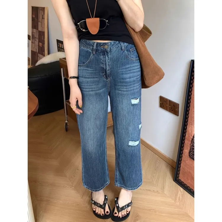 夏季新款薄款复古做旧时髦破洞高腰九分牛仔裤宽松直筒微阔腿裤女