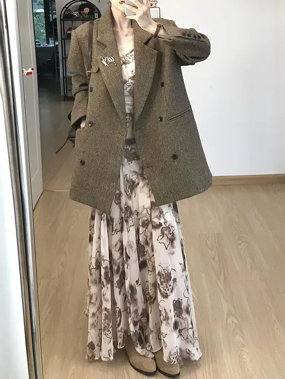 韩系秋冬美拉德高级感毛呢西装外套女+ 设计感复古长裙碎花连衣裙