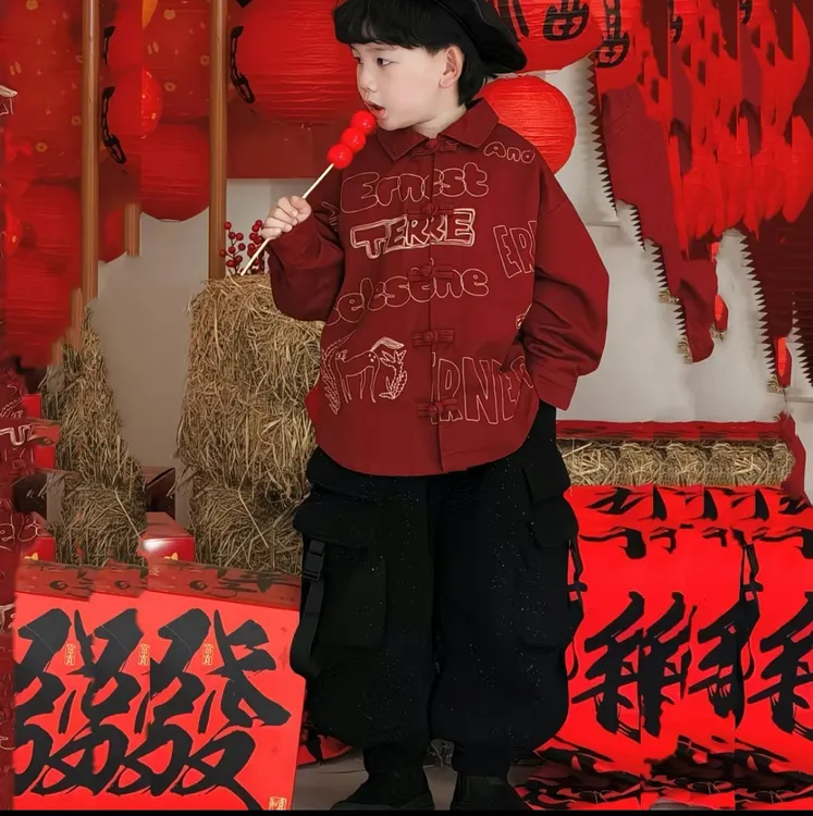 儿童加绒加厚套装2025冬季新款红色盘扣加绒衬衫百搭黑色闪闪裤潮