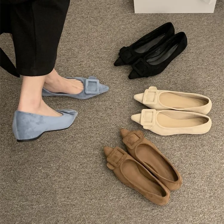 【内增高3cm】法式气质尖头方扣浅口单鞋女鞋子百搭绒面奶奶鞋瓢鞋