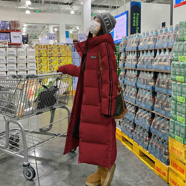 连帽长款羽绒棉服女2025冬季新款学院风休闲过膝加厚保暖棉袄外套