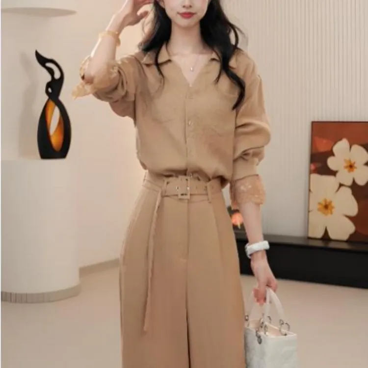 2025春秋新款高端气质蕾丝拼接老钱风衬衫女老老钱风牛仔裙裤套装