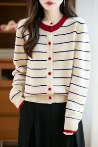 【葛行长定制】撞色横条纹100%纯羊毛针织开衫女士法式彩扣外套D457