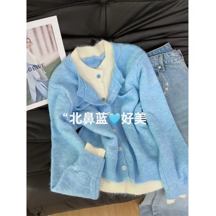 大码女装胖mm秋季撞色假两件针织开衫外套女慵懒高级外搭毛衣上衣