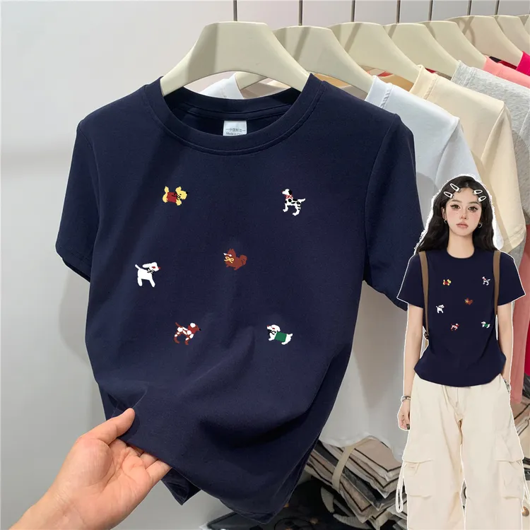 夏季新款正肩显瘦显白短袖T恤女时尚休闲百搭卡通印花ins圆领上衣