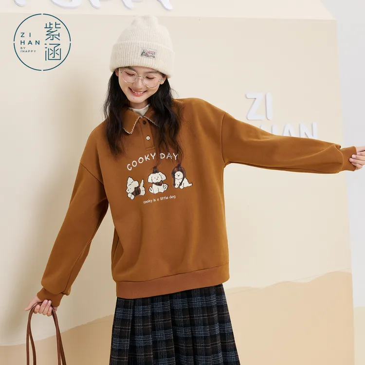 紫涵polo领套头卫衣女2025年冬季新款绣花宽松内搭上衣Z5Z11AS334