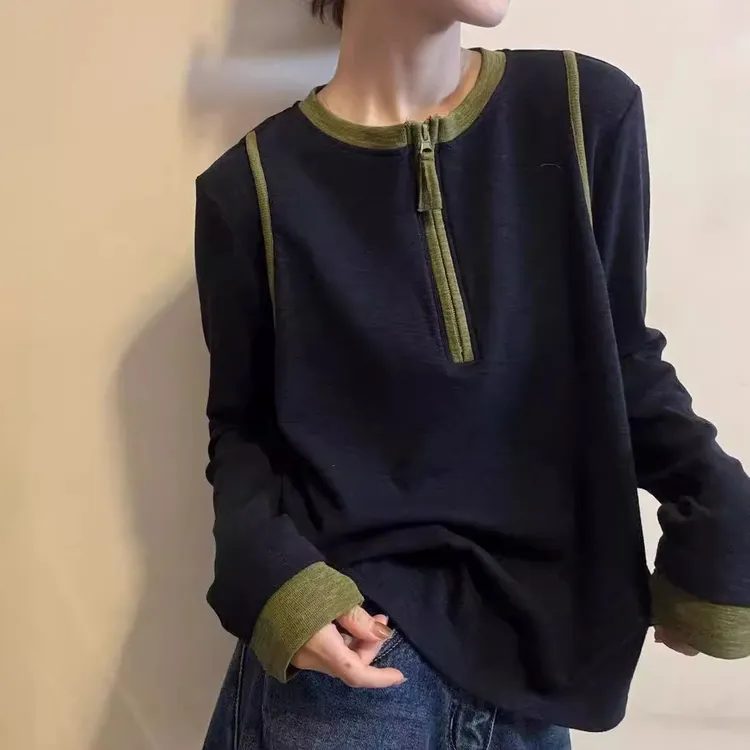 韩版拼接撞色打底上衣秋冬新款胖MM大码女装设计感半拉链长袖T恤