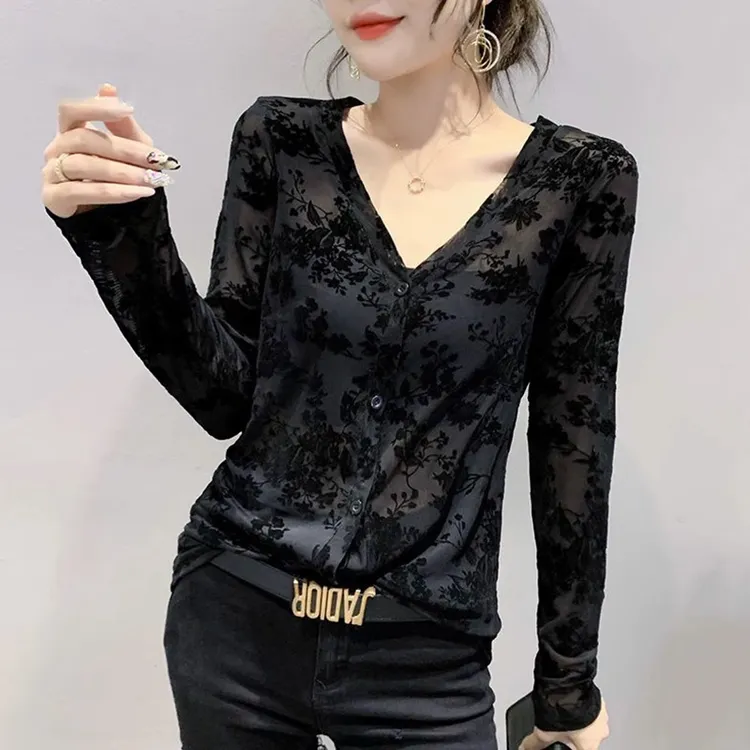 欧洲站植绒雪纺衬衫女2025秋季新款洋气V领长袖T恤内搭打底衫上衣