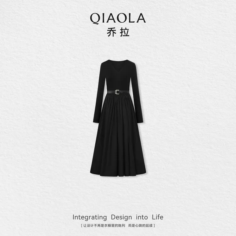 QIAOLA/乔拉【大雾柏林】秋季新款黑色时尚百搭显瘦连衣裙预售