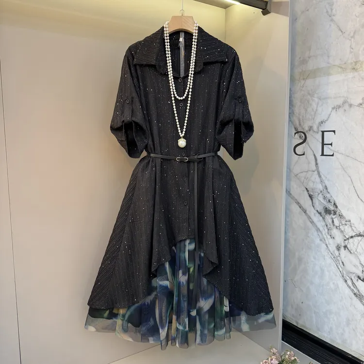 重工漫天星中袖设计韩系宽松气质翻领不规则设计百搭半身裙套装