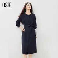 OSA/欧莎 法式风琴褶圆领连衣裙女高级感收腰显瘦长裙S125C13006
