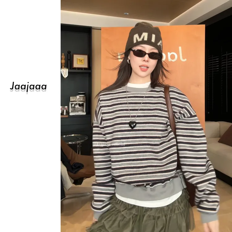 Jaajaaa济州晚风 冬季小众百搭气质简约条纹设计慵懒宽松上衣/NGH