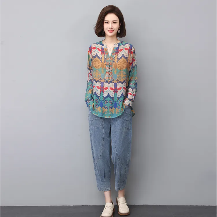 中年妈妈套装女春秋季2025新款洋气时尚宽松衬衫牛仔裤休闲两件套