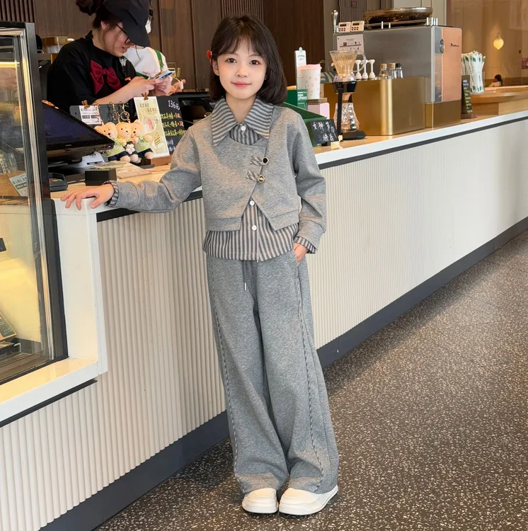 女童拼接条纹衬衫假三件套装2025春秋中大童休闲时尚韩版套装