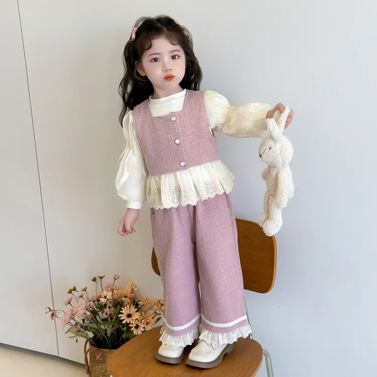 小女孩秋装洋气女童套装甜美女宝宝花边马甲阔腿裤三件套儿童秋款
