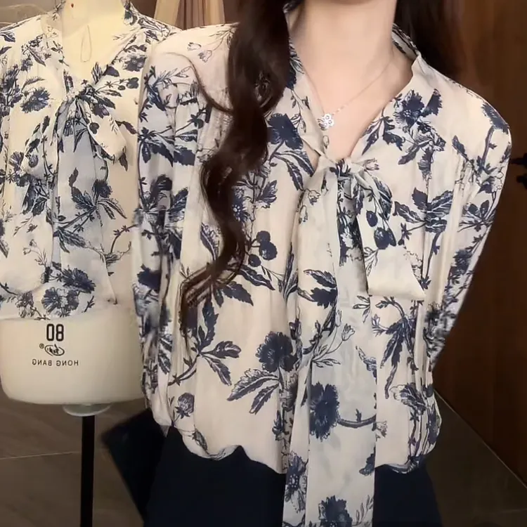 【墨染花影】新中式水墨印花飘带衬衫早秋季2025新款设计感长袖衬衣