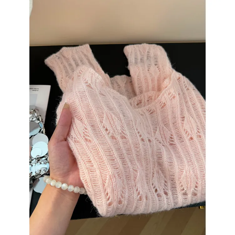 真心舒服！巨推荐！水蜜桃粉软糯镂空针织衫女法式气质显瘦宽松毛衣
