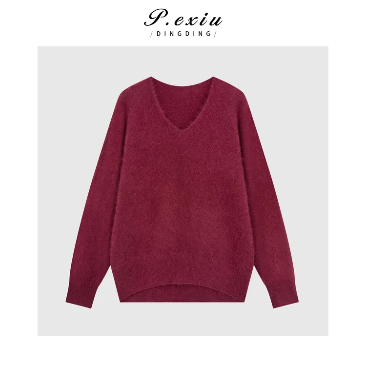 100%绵羊毛慵懒风软糯宽松保暖V领长袖针织上衣KS7997