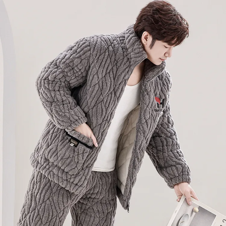 男士冬季睡衣珊瑚绒夹棉三层加厚加绒法兰绒保暖家居服套装秋冬款