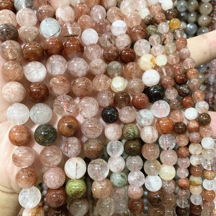 新款5A纯天然红发晶散珠红色有孔天然水晶半成品diy手工编织配件