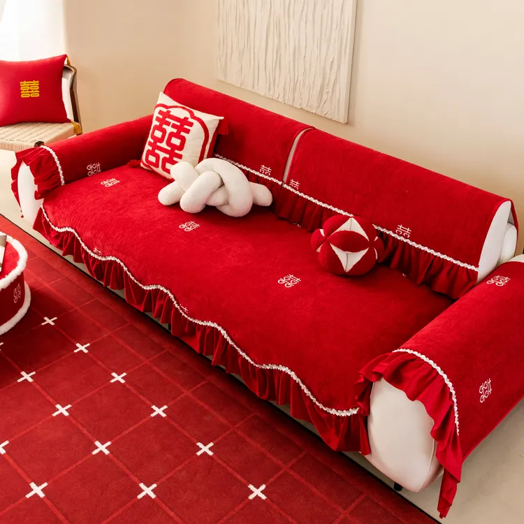 喜庆沙发垫四季通用2025新款结婚大红色防滑皮沙发垫子套罩盖抱枕