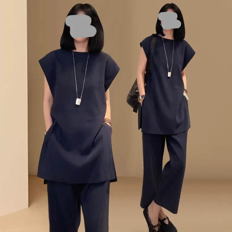 欧洲站时尚减龄套装女2025夏季新款纯色无袖慵懒风显瘦小衫阔腿裤