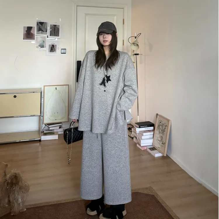 晶咕软软【芝麻团团】韩版慵懒风廓形杂色针织上衣+休闲裤套装