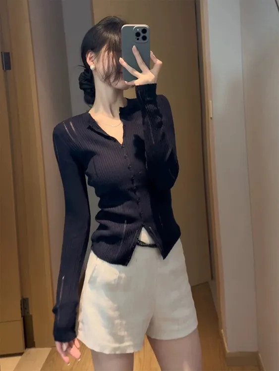 SS2734欧货时尚简约镂空针织开衫女2025秋单排扣修身显瘦长袖上衣