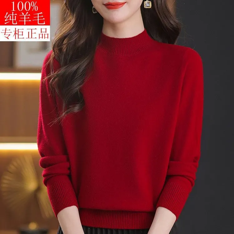 高档妈妈红色100%纯羊毛纯色半高领毛衣打底衫中老年本命年保暖衣