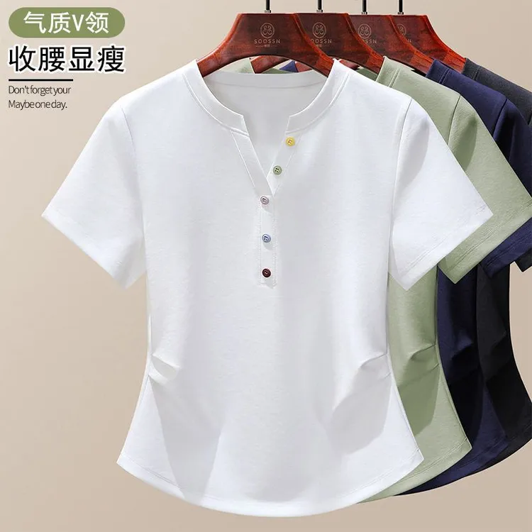 彩色纽扣t恤衫短袖女2025年夏季新款高级感修身显瘦减龄1688上衣