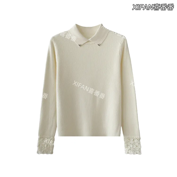 花边翻领针织毛针织衫时尚绵绒套头衫百搭衬衫秋冬高领