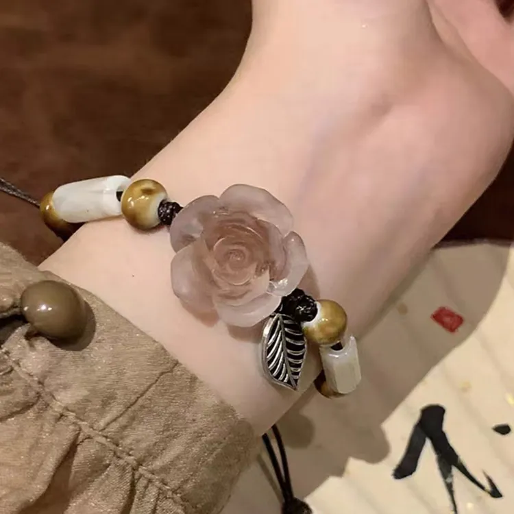 铜合金树脂手链 新中式山茶花编织树脂手链女民族风时尚气质百搭