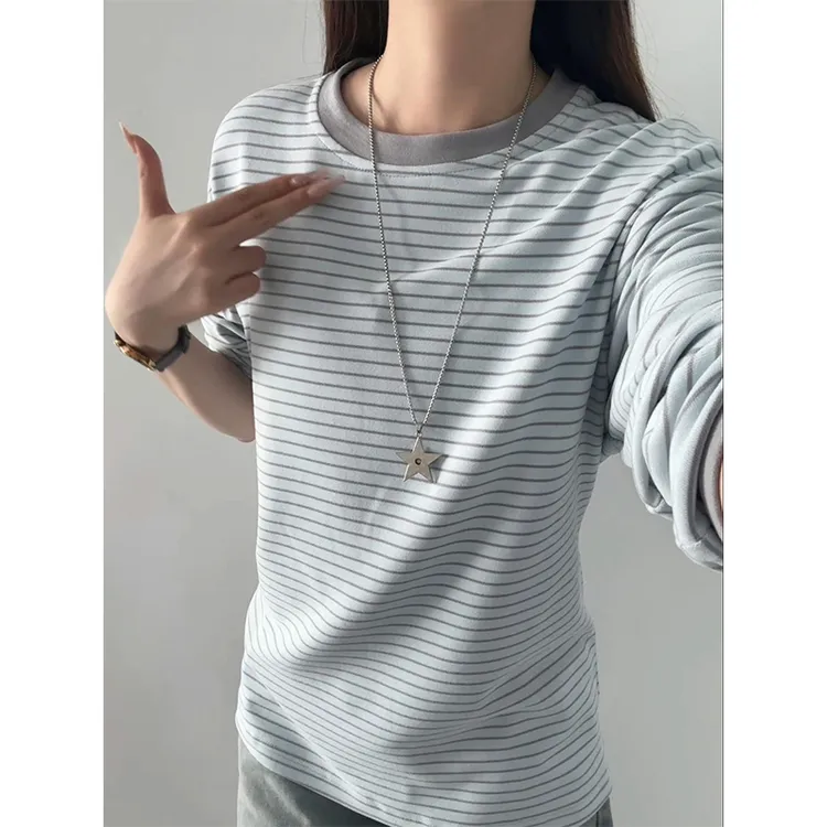 美式复古条纹德绒打底衫男款秋冬圆领韩系慵懒风长袖t恤内搭卫衣