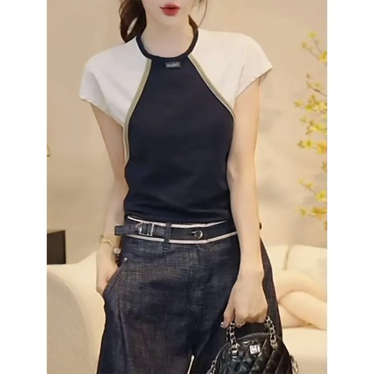 小众设计感插肩袖短袖T恤女2025夏季新款小心机撞色修身显瘦上衣