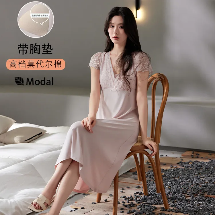 莫代尔睡裙女夏带胸垫2025年新款纯欲性感可外穿中长款短袖睡衣