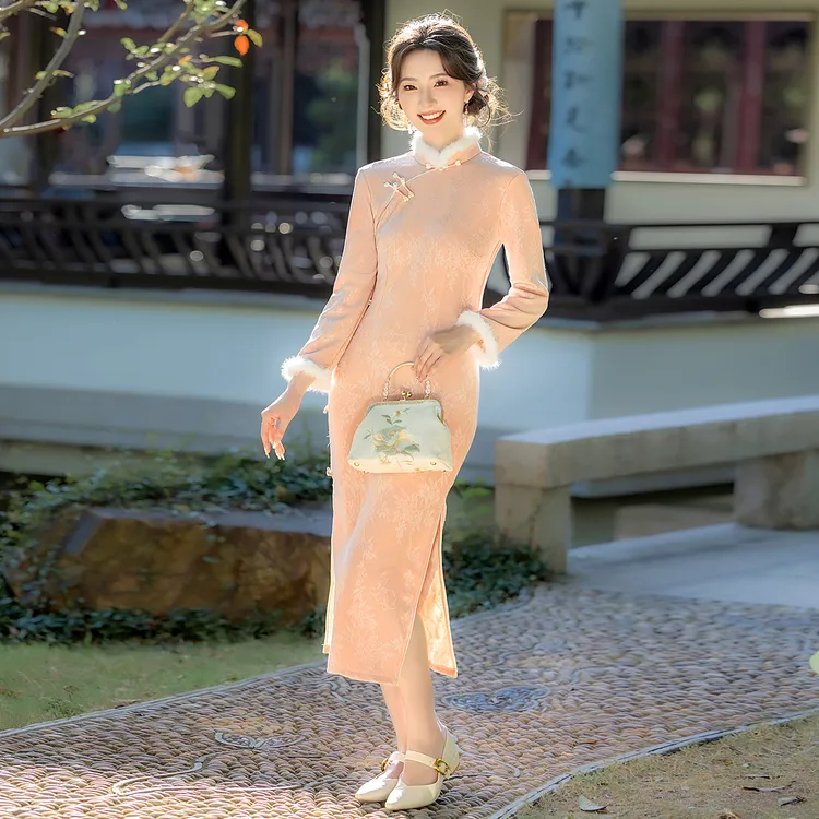 长袖冬季加绒温柔复古日常显瘦气质修身港风旗袍中国风