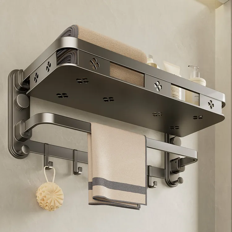 吸盘免打孔可折叠浴巾架太空铝卫生间壁挂多功能毛巾收纳置物架