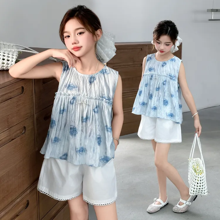 女童夏装无袖碎花娃娃衫套装2025新款儿童洋气时髦阔腿裤两件套潮