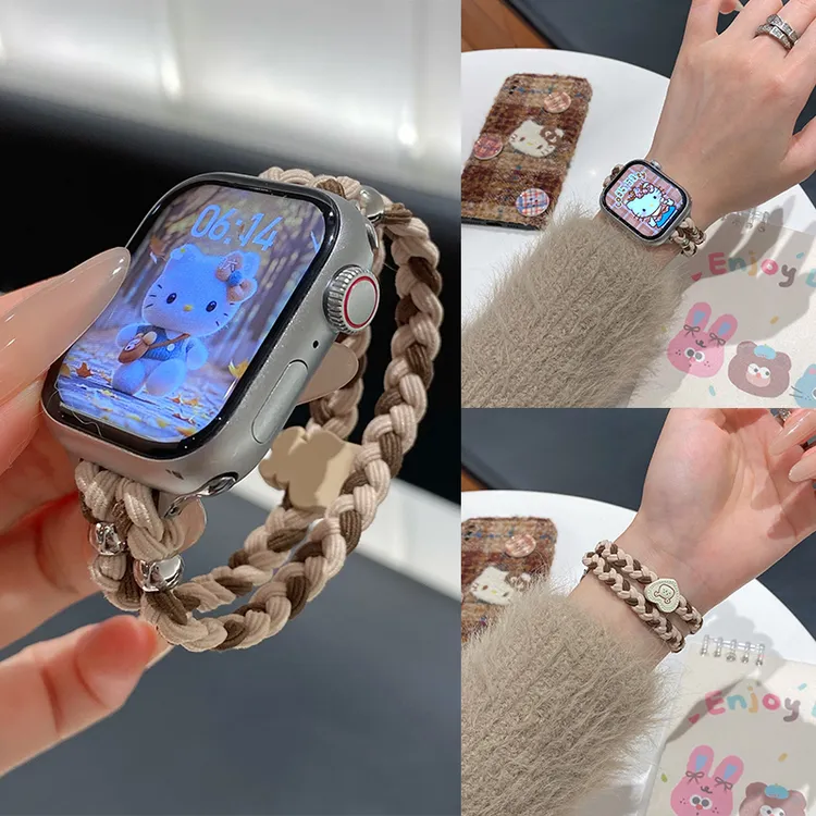 适用苹果手表iwatchS10表带KT猫编织S9弹力绳SE可爱S8卡通Ultra女
