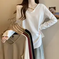春秋女装大码胖妹妹显瘦遮肚上衣v领设计感宽松减龄长袖T恤12877
