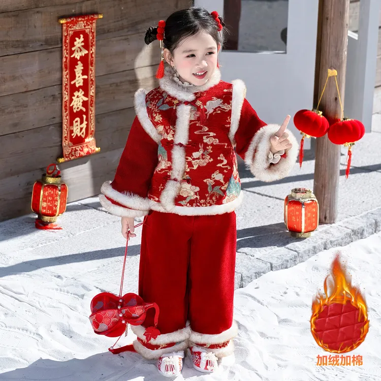 女童新年套装冬季国风儿童汉服冬装宝宝过年衣服女孩拜年服女童