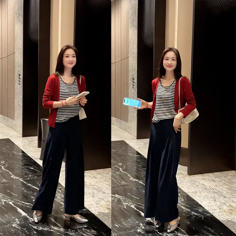 2025夏季新款设计感时尚红色开衫女条纹背心藏青色休闲裤子三件套