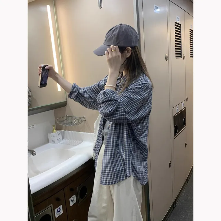 韩系蓝色显白格子衬衫男女春秋慵懒风格纹衬衣宽松休闲开衫外套