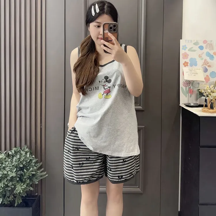 韩系卡通米奇背心条纹短裤夏季薄款棉质大码睡衣家居服套装25200#