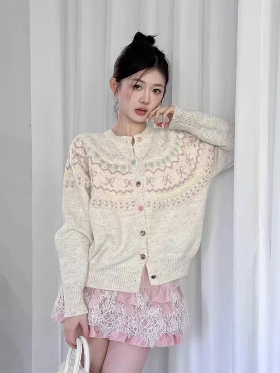 韩版撞色提花针织开衫女宽松短款慵懒风外搭上衣秋冬新款毛衣外套